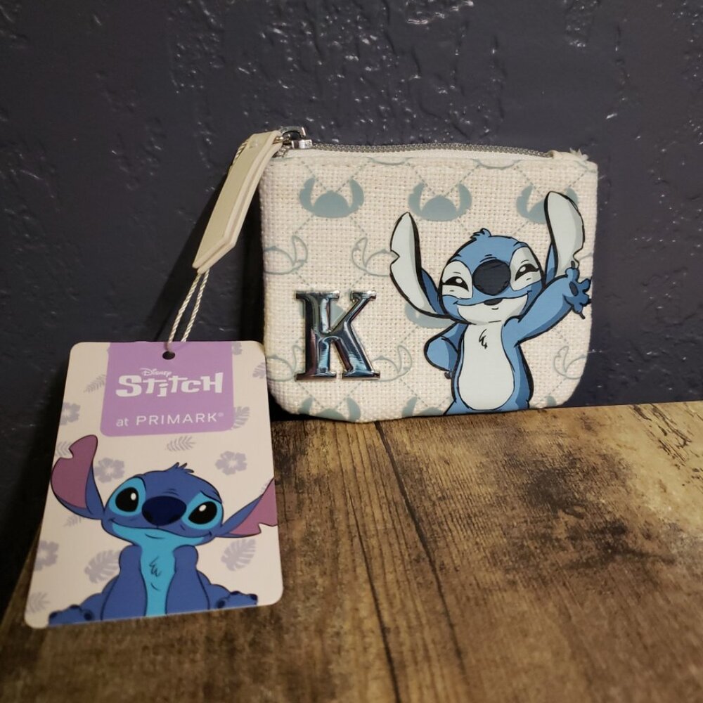 Primark Disney Stitch Small 3.5" x 4.25" Zipper Coin Purse w/ Metal "K” Initial